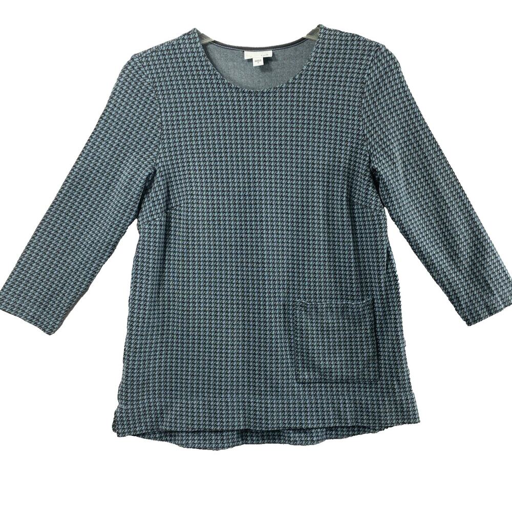 J. Jill Top Womens Small Blue Gray Houndstooth Plaid Knit 3/4 Sleeve Casual